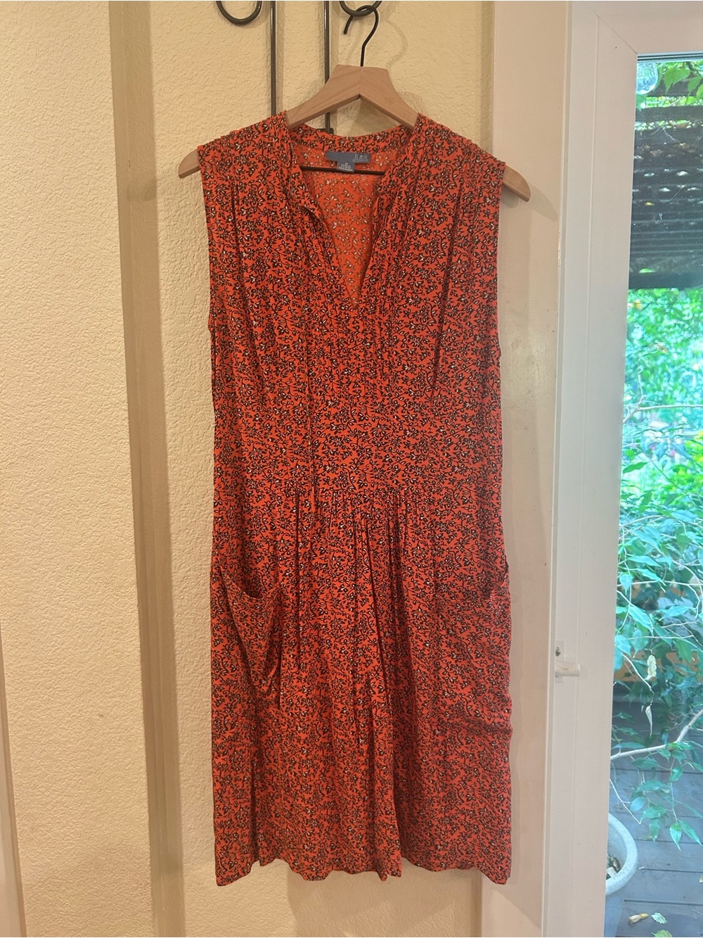Anthropologie Lil Sleeveless Red Floral Midi Dress with V-Neck and Pockets